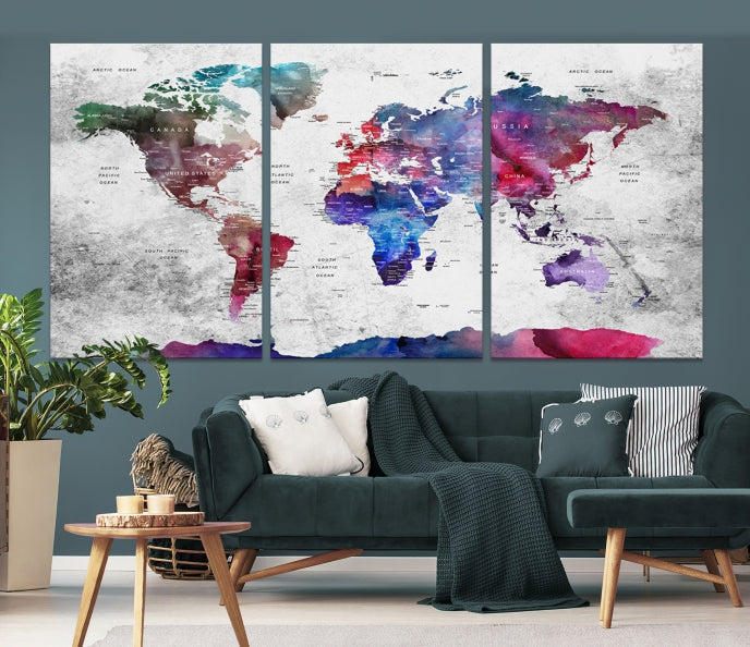 Extra Large Framed Push Pin World Map Wall Art Canvas Print Soft Apartment Decor