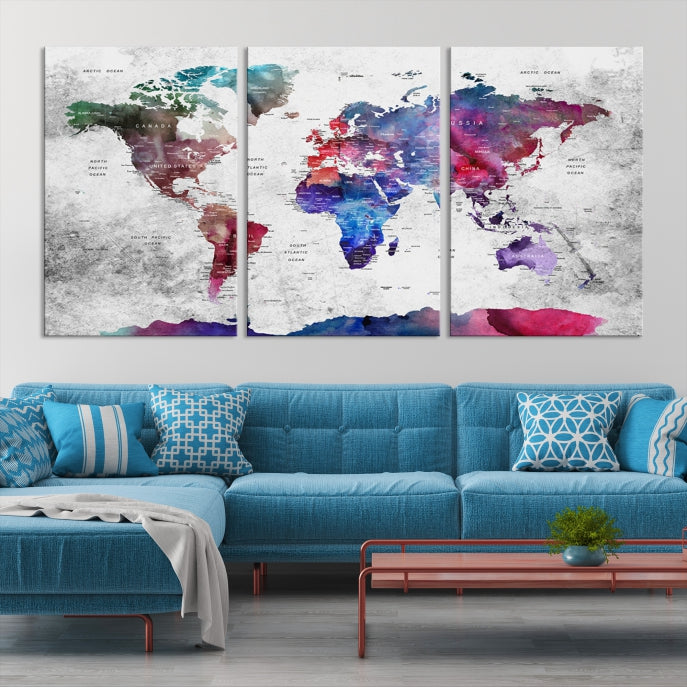 Extra Large Framed Push Pin World Map Wall Art Canvas Print Soft Apartment Decor