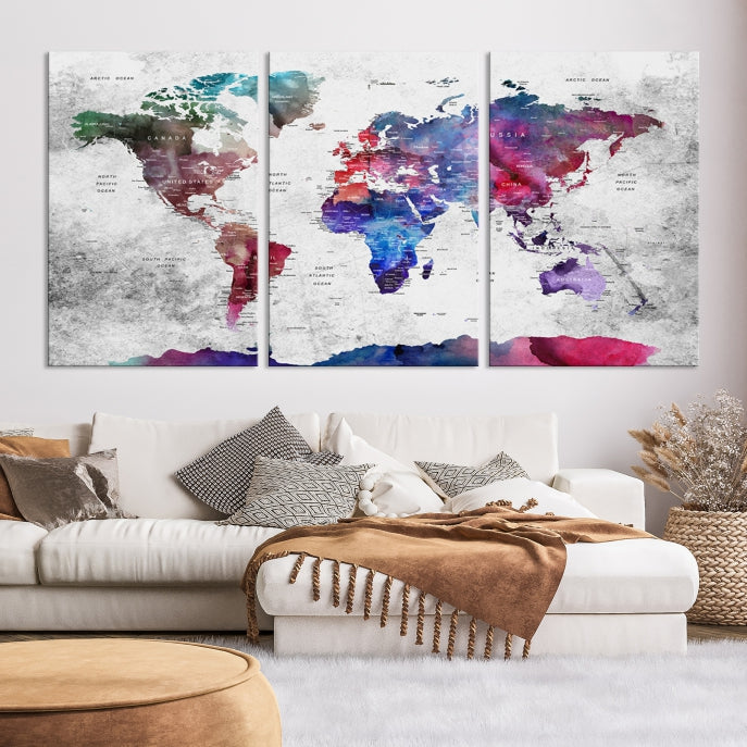 Extra Large Framed Push Pin World Map Wall Art Canvas Print Soft Apartment Decor