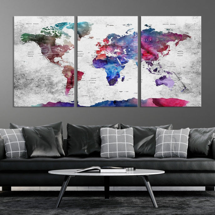 Extra Large Framed Push Pin World Map Wall Art Canvas Print Soft Apartment Decor