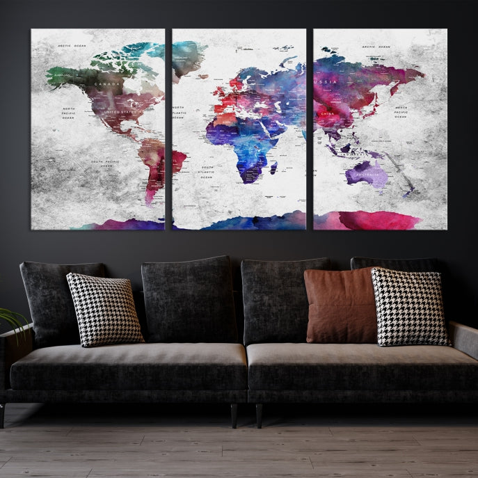 Extra Large Framed Push Pin World Map Wall Art Canvas Print Soft Apartment Decor