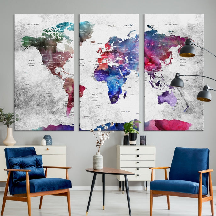 Extra Large Framed Push Pin World Map Wall Art Canvas Print Soft Apartment Decor