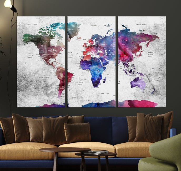 Extra Large Framed Push Pin World Map Wall Art Canvas Print Soft Apartment Decor