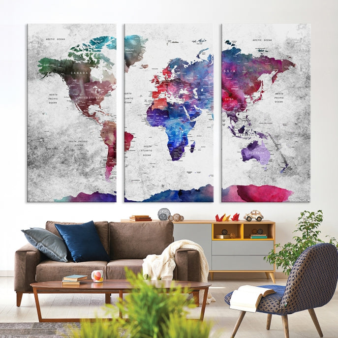 Extra Large Framed Push Pin World Map Wall Art Canvas Print Soft Apartment Decor