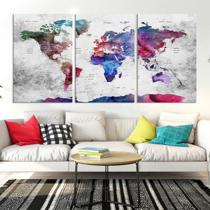 Extra Large Framed Push Pin World Map Wall Art Canvas Print Soft Apartment Decor