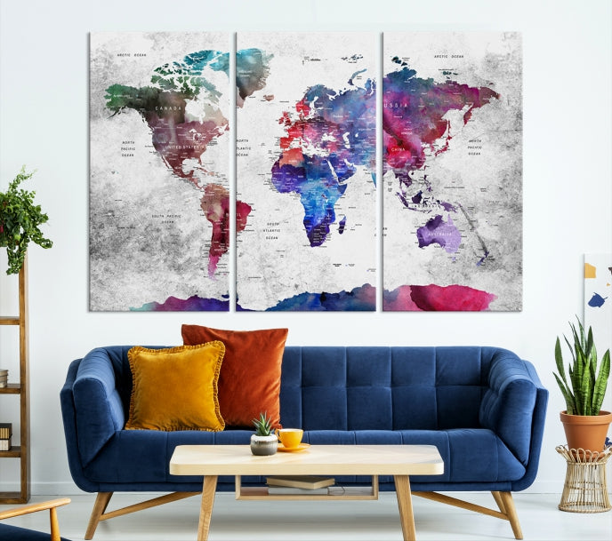 Extra Large Framed Push Pin World Map Wall Art Canvas Print Soft Apartment Decor