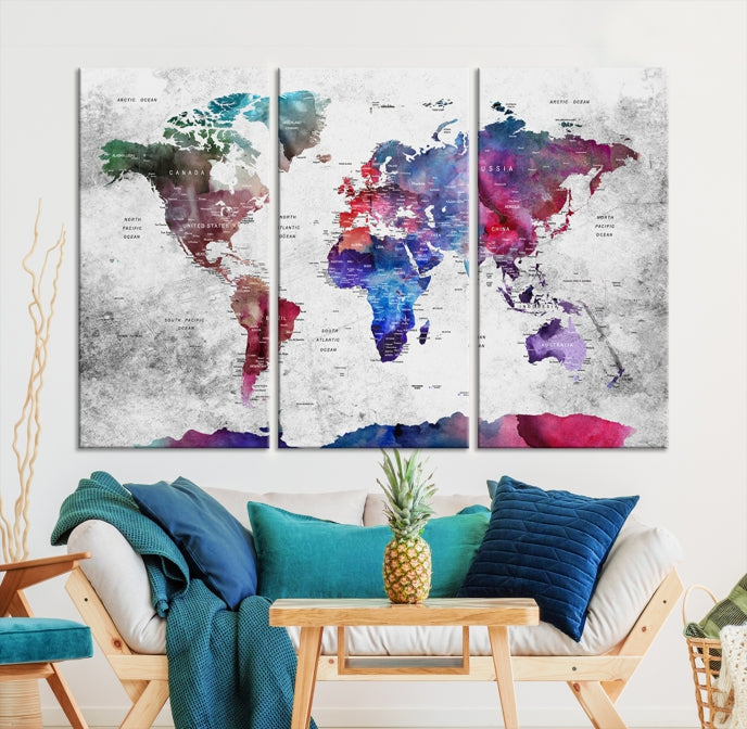 Extra Large Framed Push Pin World Map Wall Art Canvas Print Soft Apartment Decor