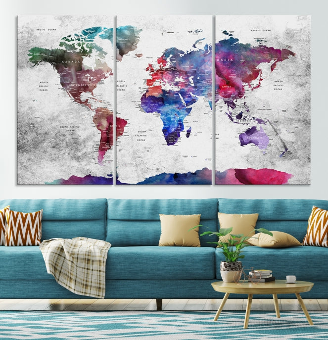 Extra Large Framed Push Pin World Map Wall Art Canvas Print Soft Apartment Decor