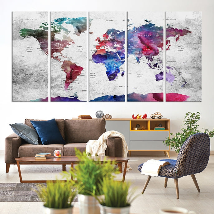 Extra Large Framed Push Pin World Map Wall Art Canvas Print Soft Apartment Decor