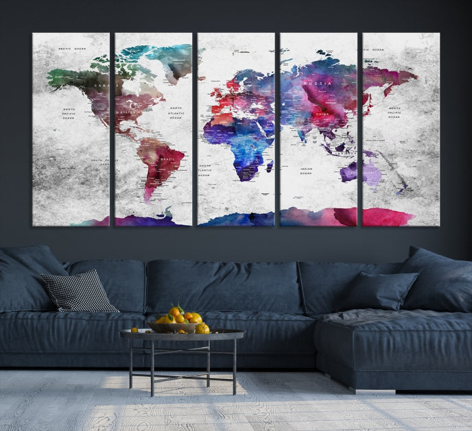 Extra Large Framed Push Pin World Map Wall Art Canvas Print Soft Apartment Decor