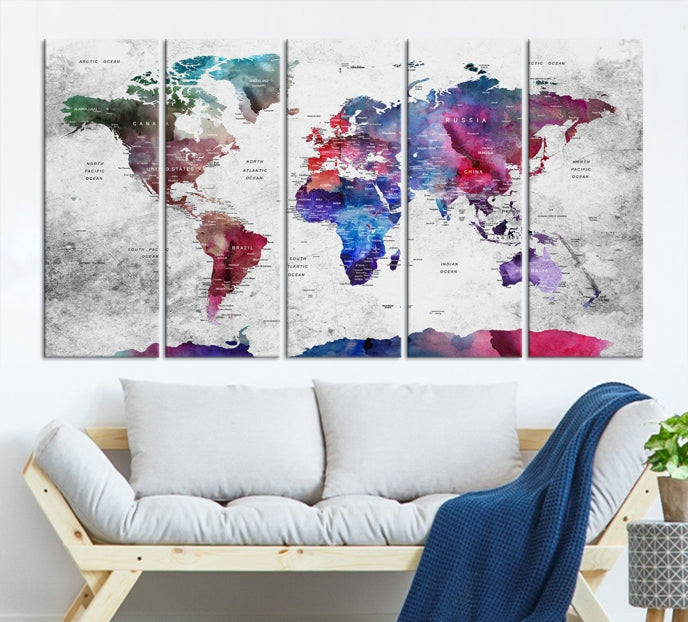 Extra Large Framed Push Pin World Map Wall Art Canvas Print Soft Apartment Decor