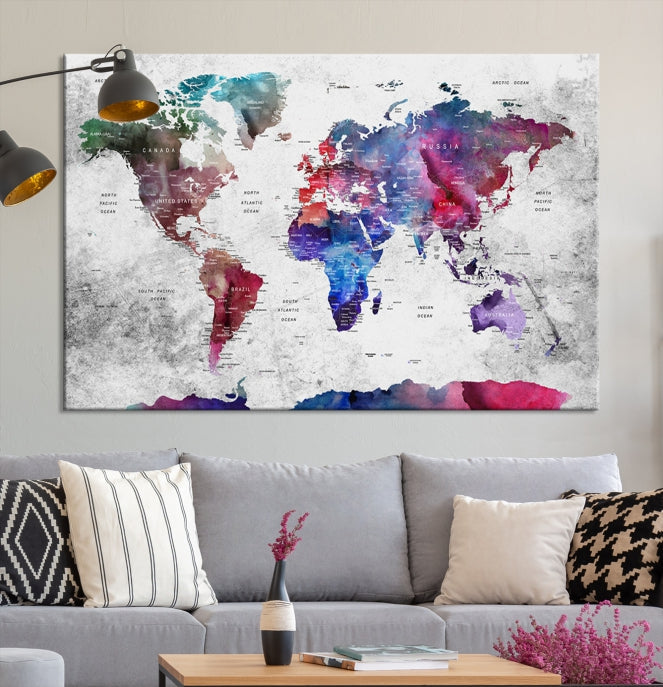 Extra Large Framed Push Pin World Map Wall Art Canvas Print Soft Apartment Decor