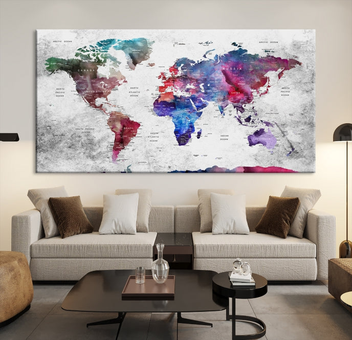 Extra Large Framed Push Pin World Map Wall Art Canvas Print Soft Apartment Decor