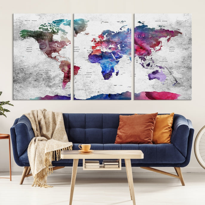 Extra Large Framed Push Pin World Map Wall Art Canvas Print Soft Apartment Decor