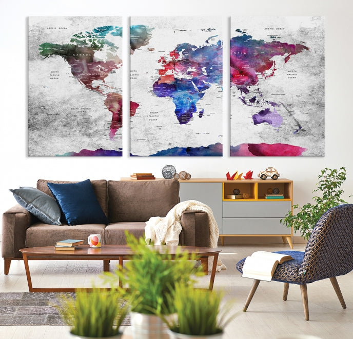 Extra Large Framed Push Pin World Map Wall Art Canvas Print Soft Apartment Decor