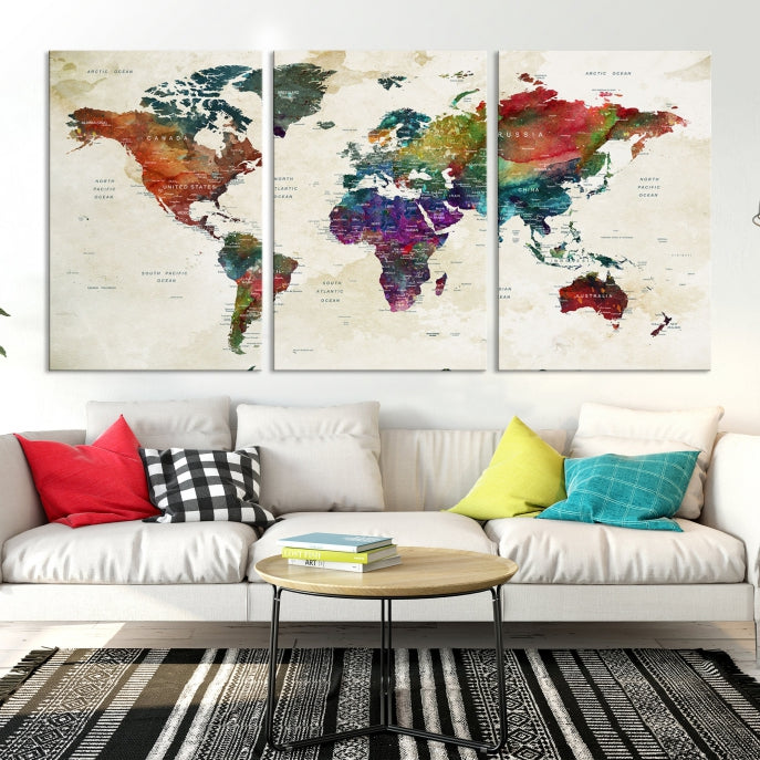 Extra Large Map World Canvas with Wood Frames World Map Print