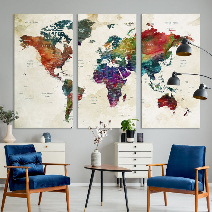 Extra Large Map World Canvas with Wood Frames World Map Print