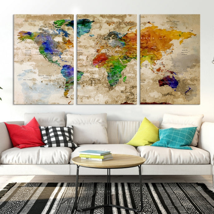 Extra Large Modern World Map with Push Pins Detailed Travel Map Canvas Art Print