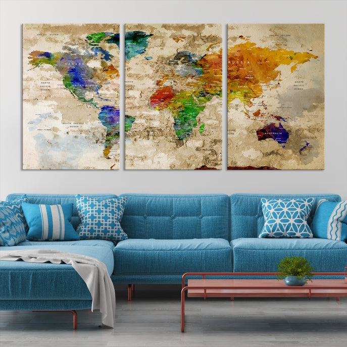 Extra Large Modern World Map with Push Pins Detailed Travel Map Canvas Art Print