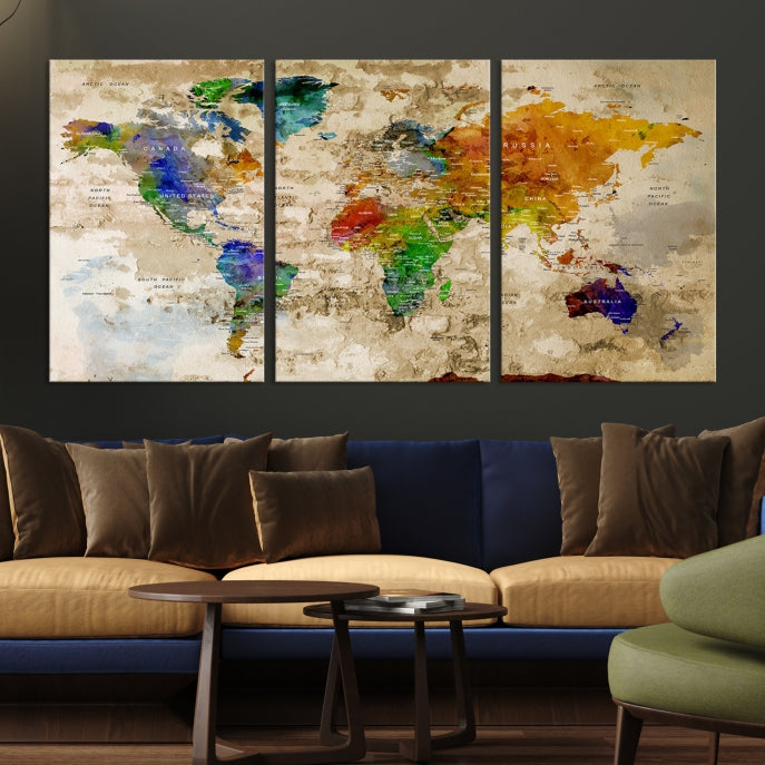 Extra Large Modern World Map with Push Pins Detailed Travel Map Canvas Art Print