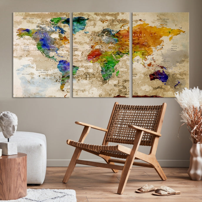 Extra Large Modern World Map with Push Pins Detailed Travel Map Canvas Art Print