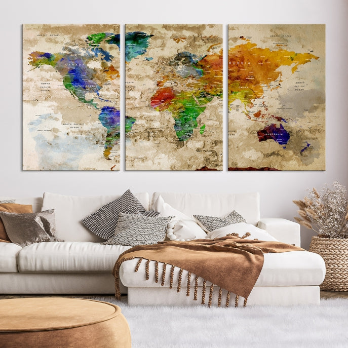 Extra Large Modern World Map with Push Pins Detailed Travel Map Canvas Art Print