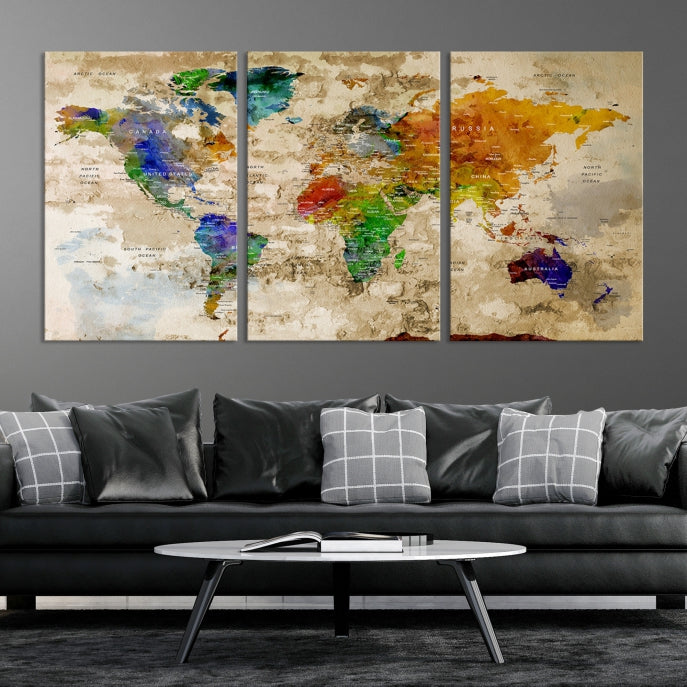 Extra Large Modern World Map with Push Pins Detailed Travel Map Canvas Art Print