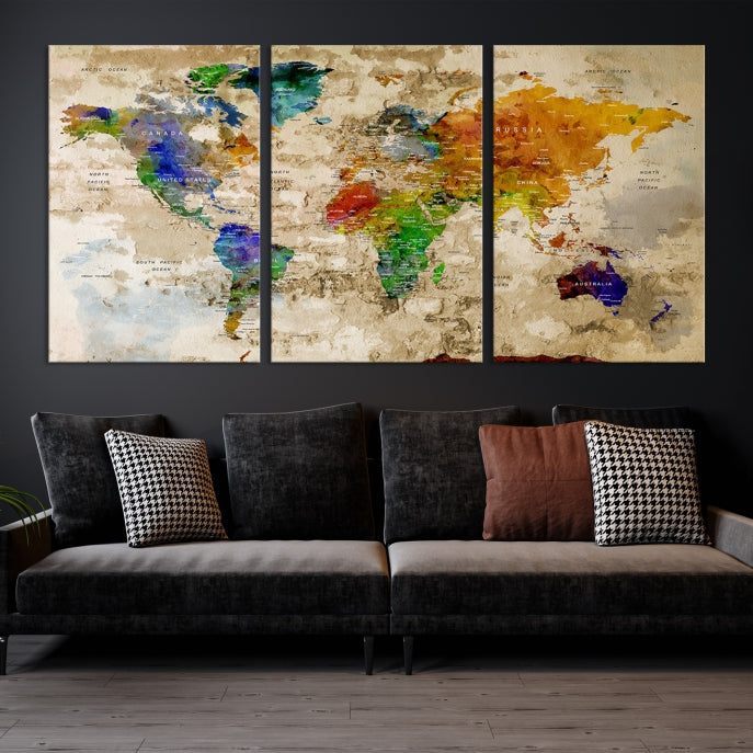 Extra Large Modern World Map with Push Pins Detailed Travel Map Canvas Art Print