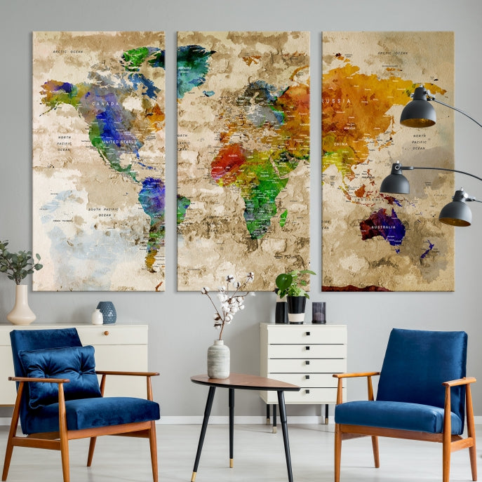 Extra Large Modern World Map with Push Pins Detailed Travel Map Canvas Art Print