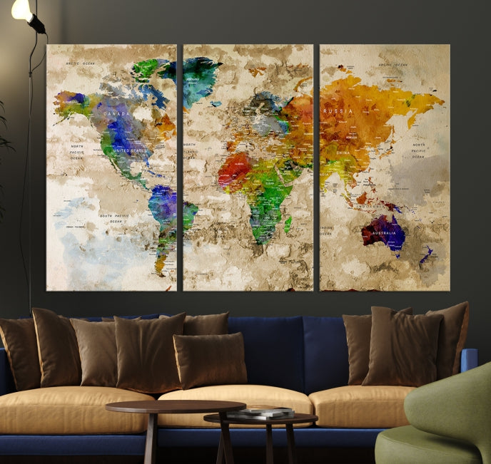 Extra Large Modern World Map with Push Pins Detailed Travel Map Canvas Art Print