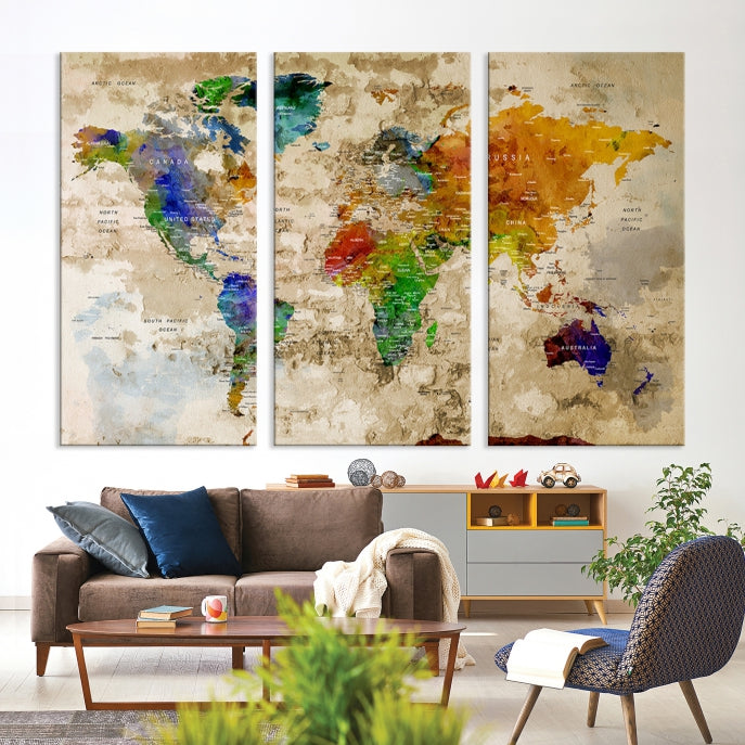 Extra Large Modern World Map with Push Pins Detailed Travel Map Canvas Art Print