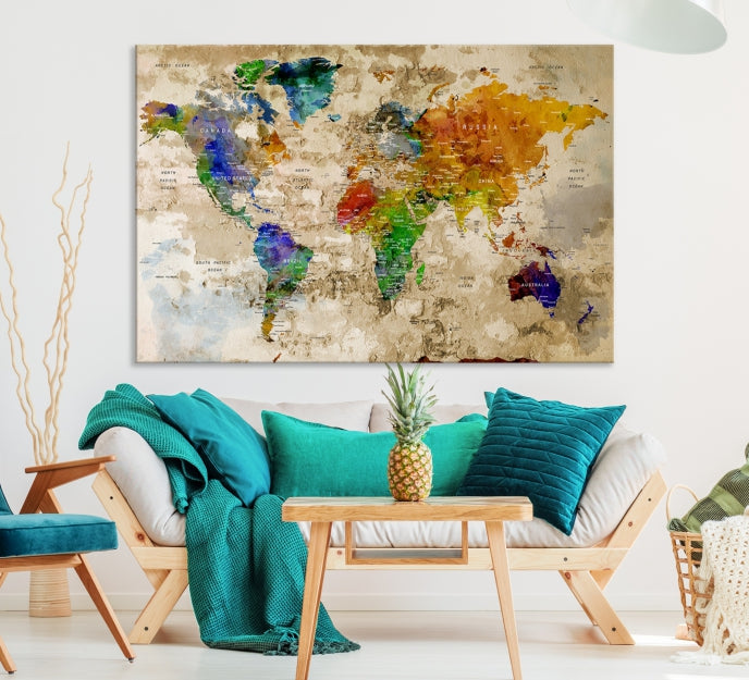 Extra Large Modern World Map with Push Pins Detailed Travel Map Canvas Art Print