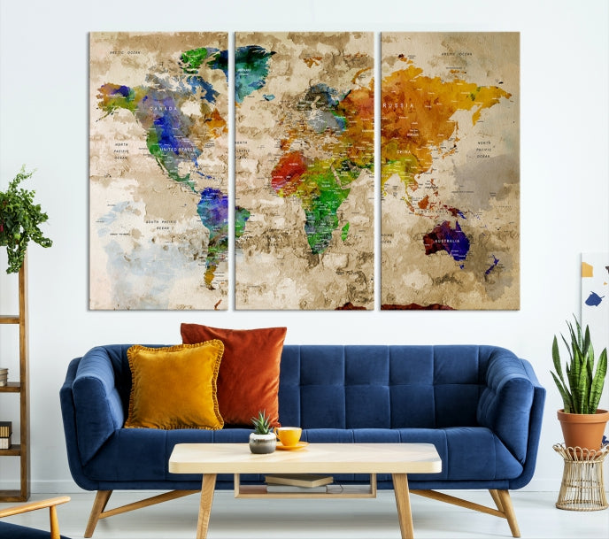 Extra Large Modern World Map with Push Pins Detailed Travel Map Canvas Art Print