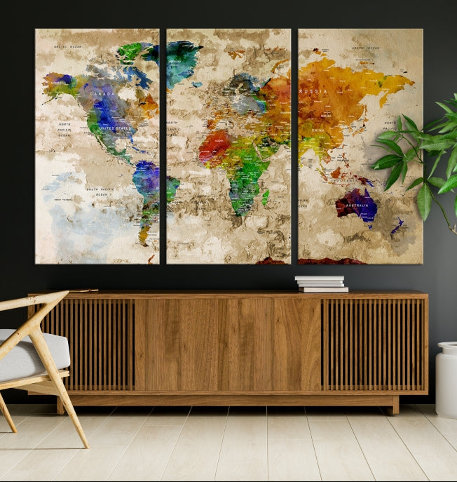 Extra Large Modern World Map with Push Pins Detailed Travel Map Canvas Art Print