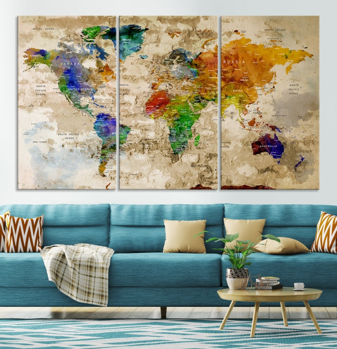 Extra Large Modern World Map with Push Pins Detailed Travel Map Canvas Art Print