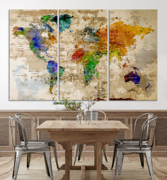 Extra Large Modern World Map with Push Pins Detailed Travel Map Canvas Art Print