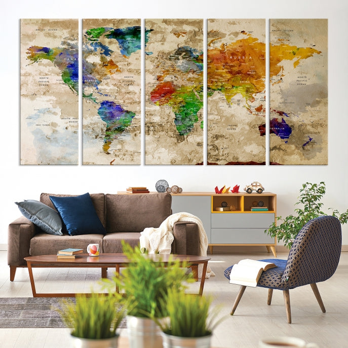 Extra Large Modern World Map with Push Pins Detailed Travel Map Canvas Art Print