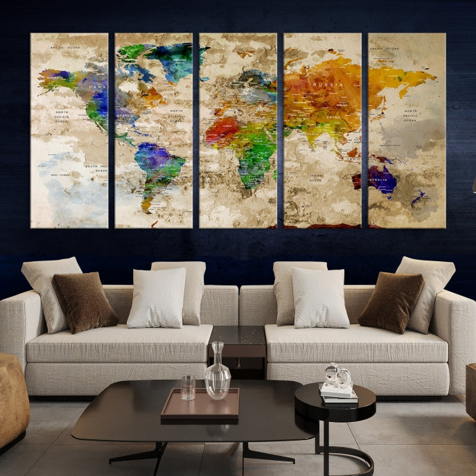 Extra Large Modern World Map with Push Pins Detailed Travel Map Canvas Art Print