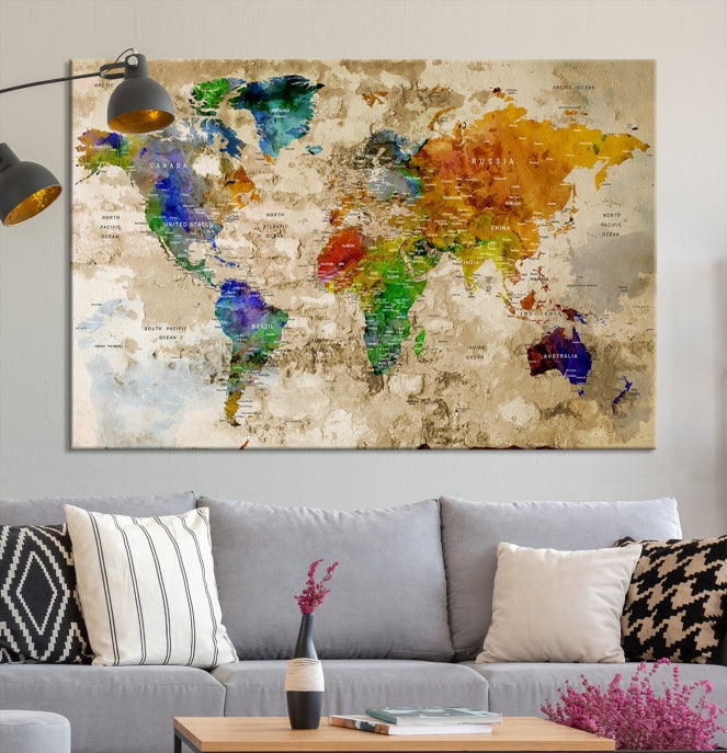 Extra Large Modern World Map with Push Pins Detailed Travel Map Canvas Art Print