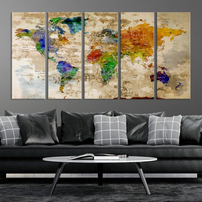 Extra Large Modern World Map with Push Pins Detailed Travel Map Canvas Art Print