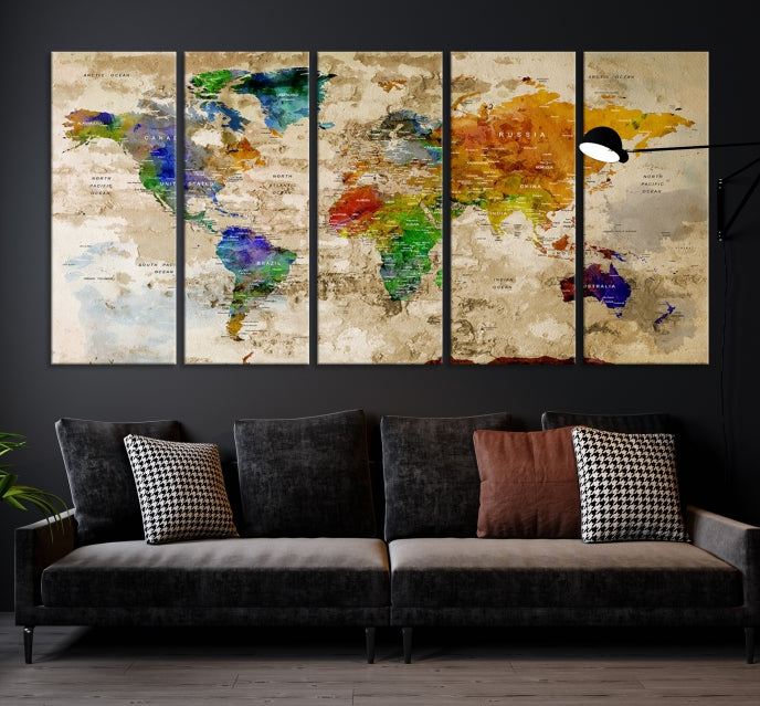 Extra Large Modern World Map with Push Pins Detailed Travel Map Canvas Art Print