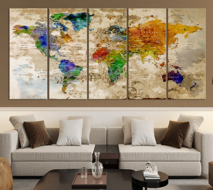 Extra Large Modern World Map with Push Pins Detailed Travel Map Canvas Art Print