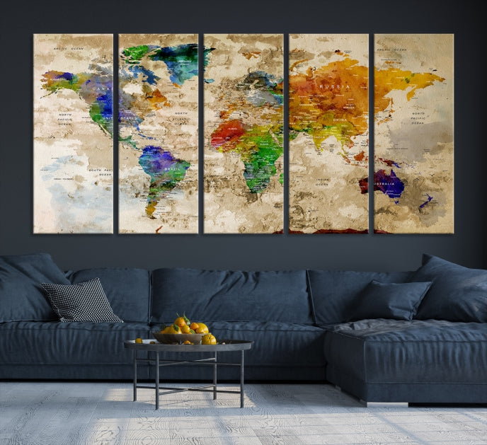 Extra Large Modern World Map with Push Pins Detailed Travel Map Canvas Art Print