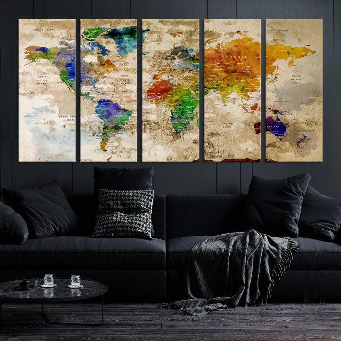 Extra Large Modern World Map with Push Pins Detailed Travel Map Canvas Art Print