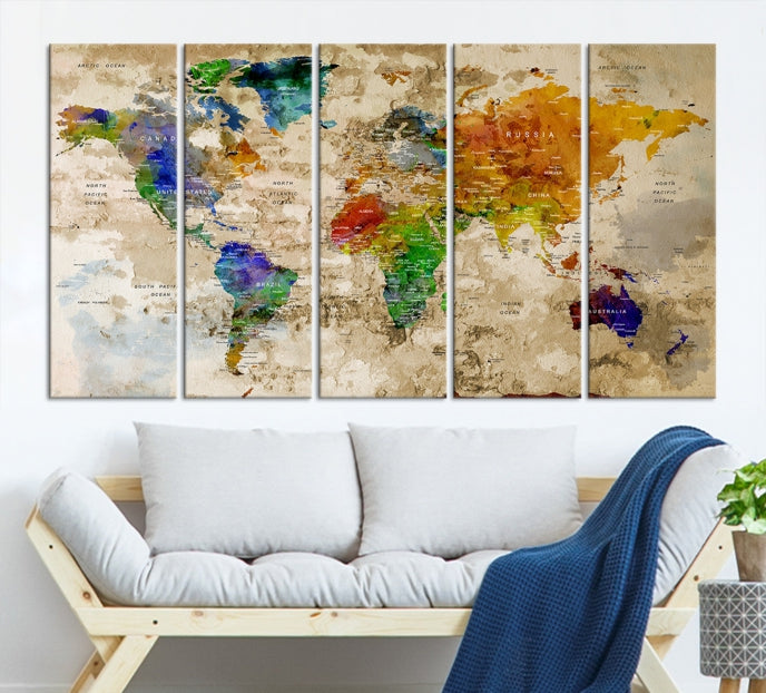 Extra Large Modern World Map with Push Pins Detailed Travel Map Canvas Art Print