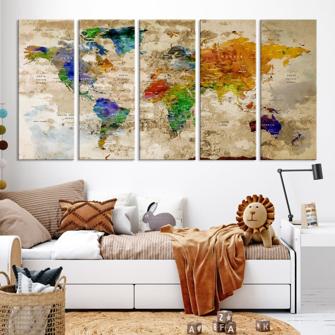 Extra Large Modern World Map with Push Pins Detailed Travel Map Canvas Art Print