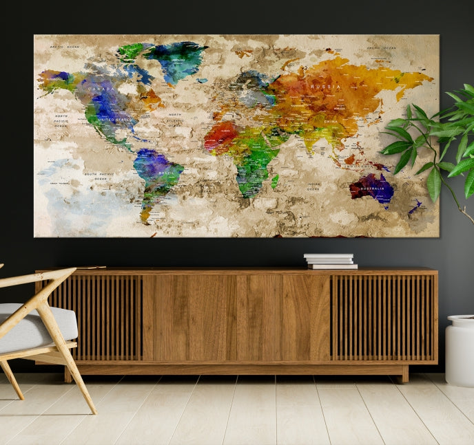 Extra Large Modern World Map with Push Pins Detailed Travel Map Canvas Art Print