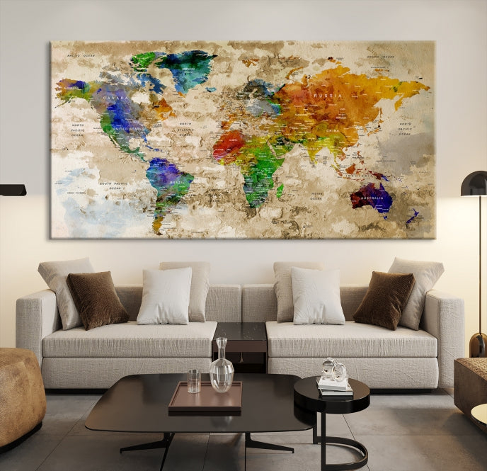 Extra Large Modern World Map with Push Pins Detailed Travel Map Canvas Art Print