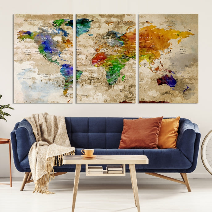 Extra Large Modern World Map with Push Pins Detailed Travel Map Canvas Art Print