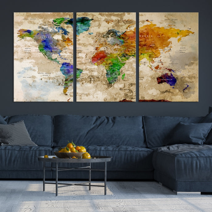 Extra Large Modern World Map with Push Pins Detailed Travel Map Canvas Art Print